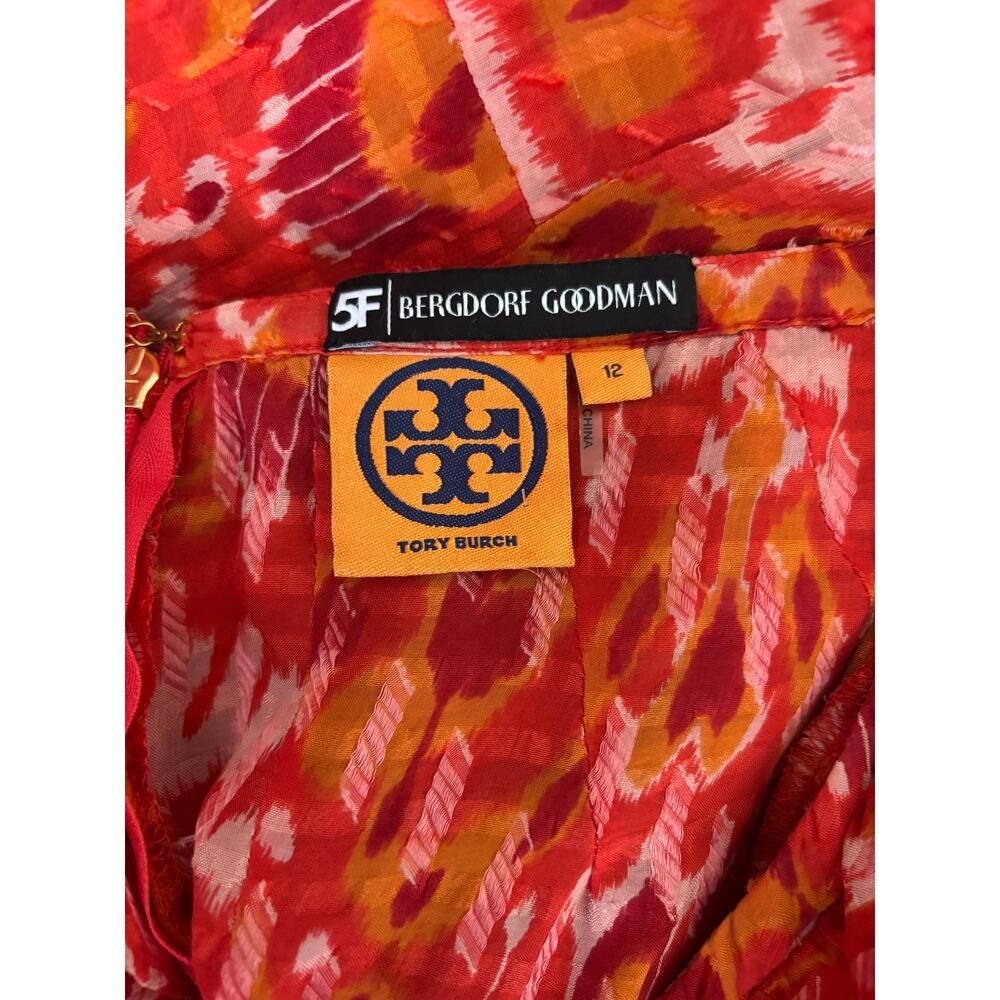 Tory Burch Orange Ikat Ruffle Blouse Top Size 12 Bergdorf Goodman Silk - Picture 13 of 15